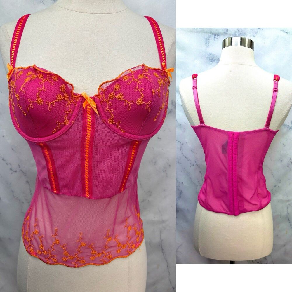 Vtg Y2k Victorias Secret Bustier Corset 36C Babydoll Fairy Garden 2000s Pink